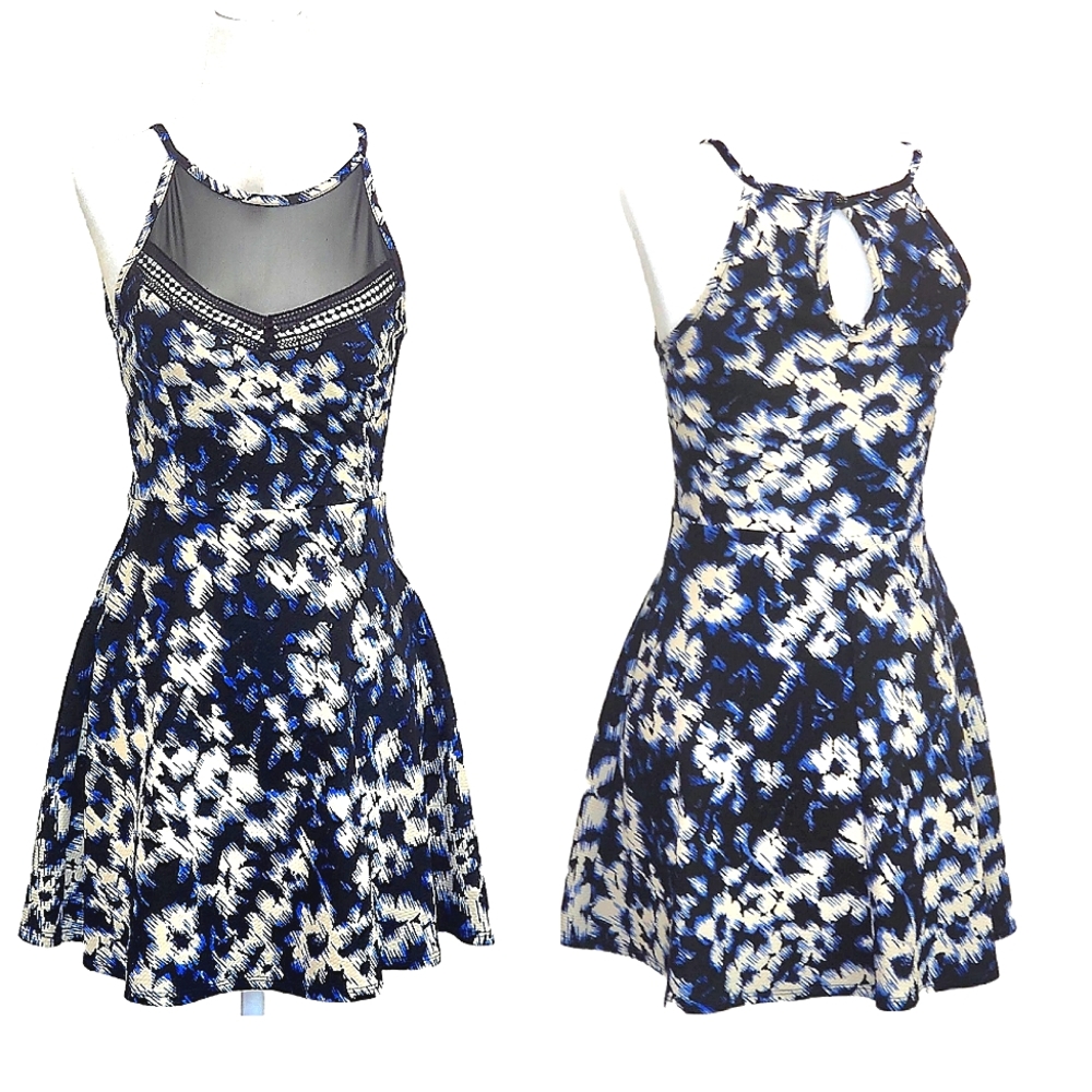 Mesh Top Floral Sleeveless Dress Size Small Blue Black white Formal Dress